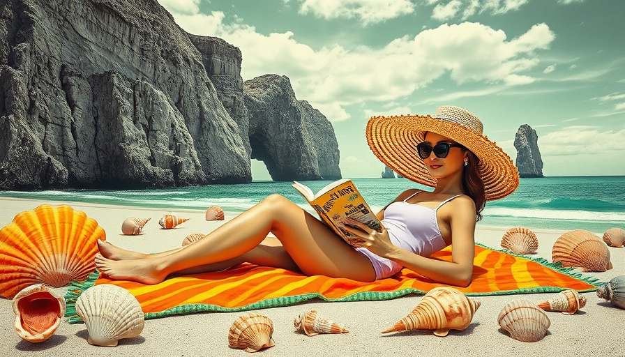 Surreal collage depicting the power of taking a vacation with a woman reading by the beach.