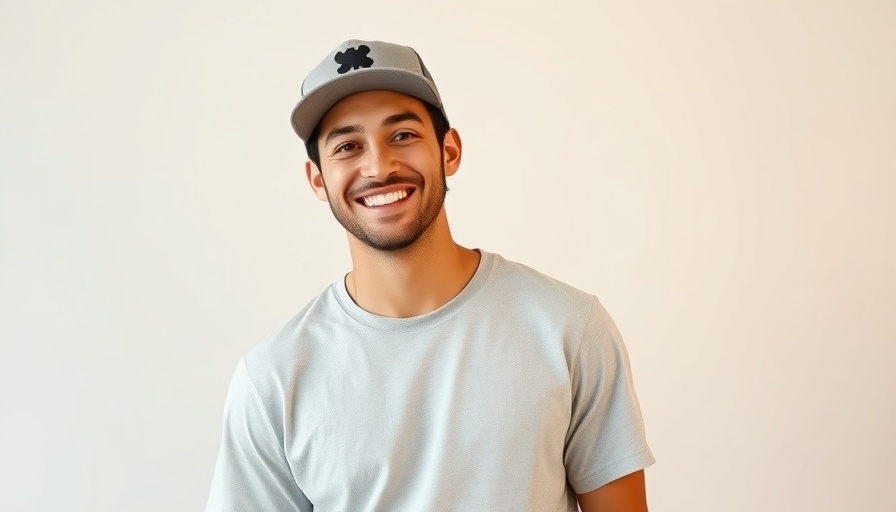 Young man in logo tee smiling confidently, soft lighting.