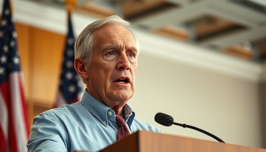 Older man speaking at a podium with American flags, social media.