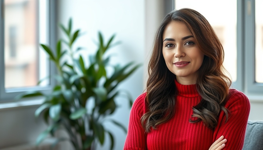 Confident woman indoors in red sweater, calm expression.
