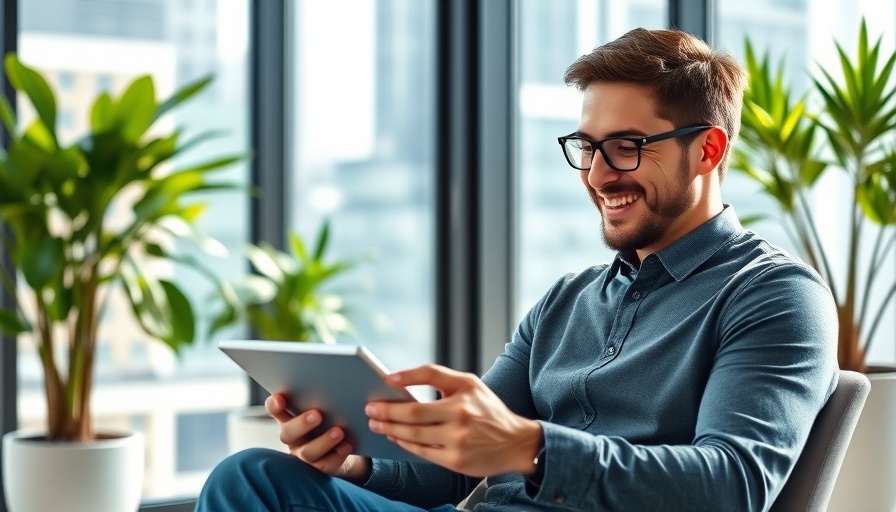 Young man in office smiling while using a tablet, business partner concept.