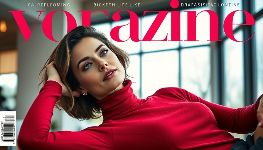 Vibrant magazine cover with a woman in red turtleneck indoors.