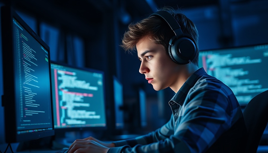 Young developer working on AWS Multi-IDE Support with multiple screens in dark office.