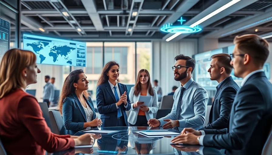 Professionals managing AI agents in a modern office with holograms and data screens.