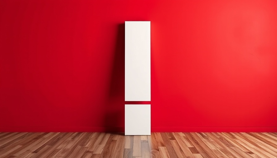 Giant exclamation mark against a red wall on wooden floor.