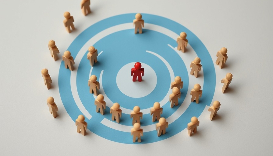 Wooden figurines in circles around a red figure, efficient service concept.