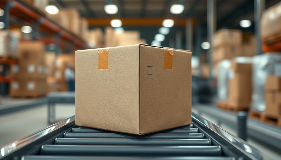 Cardboard box on conveyor belt in warehouse for Amazon FBA shipping.