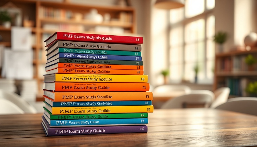 Colorful 'PMP exam study guide' books on a wooden table in a study room.