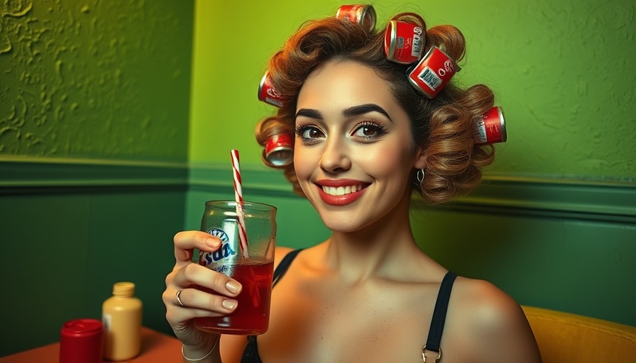 Young woman with soda can hair curlers in a quirky green room.