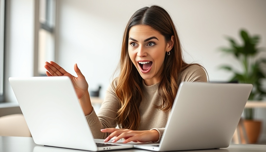Excited woman using a laptop in a modern office, digital marketing theme.