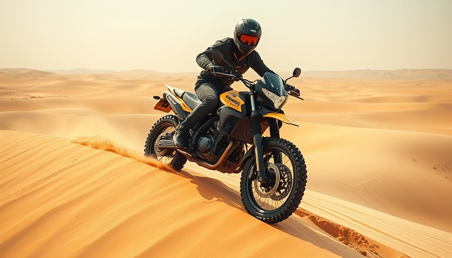 Motorcyclist demonstrating riding style leadership reflection in desert.