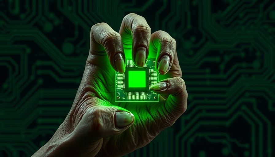 Zombie hand holding glowing microchip in dark circuit-themed setting.