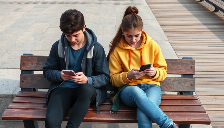 Teenagers using smartphones on bench, engaging with social media.