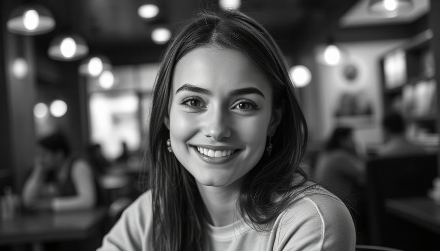 Portrait of young woman in café, subtle smile, black and white.