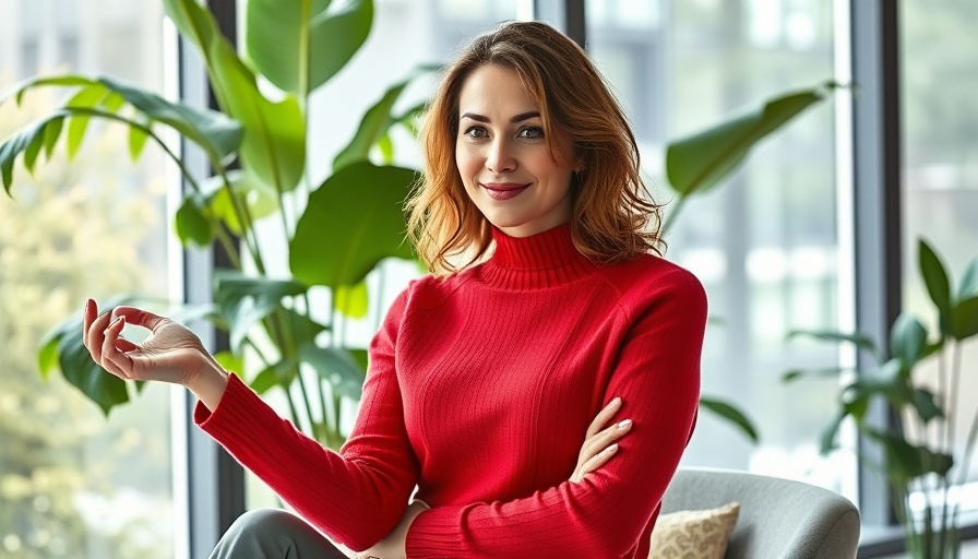 Female entrepreneur in a red sweater sitting indoors, Goofy Mascot Marketing