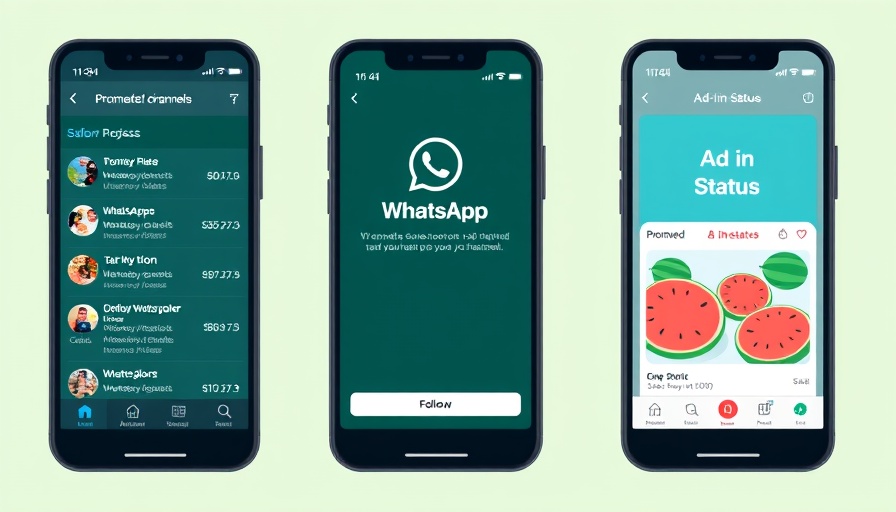 WhatsApp interface with promoted channels and ads in status.