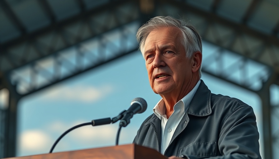 Older man speaking confidently at podium in hangar, best 4th of July ads.