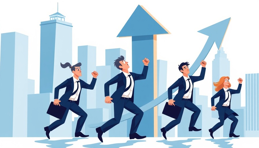 Leadership Development Plan illustration with business team pushing upward arrow.