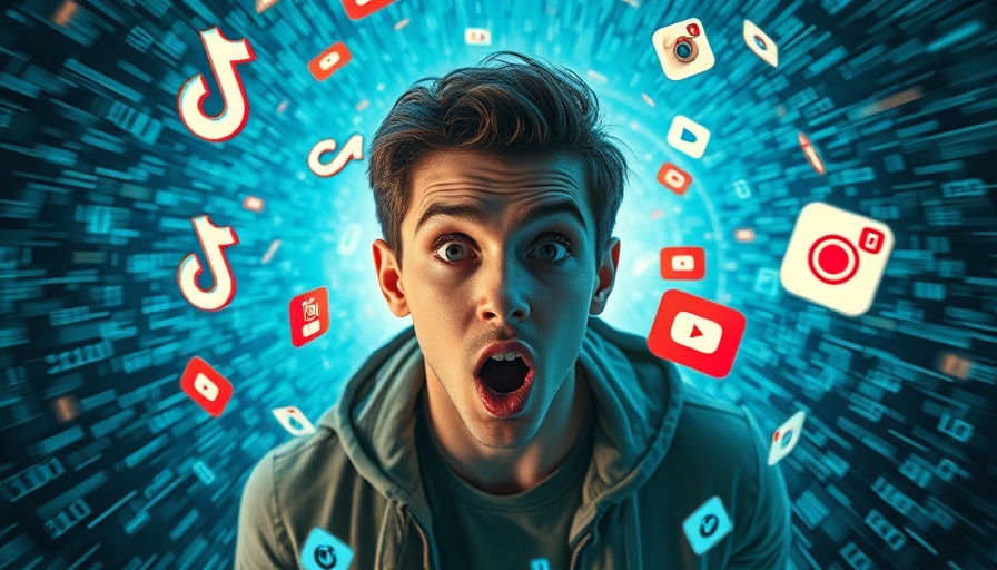 Surprised man surrounded by social media in a digital vortex, social media algorithms.