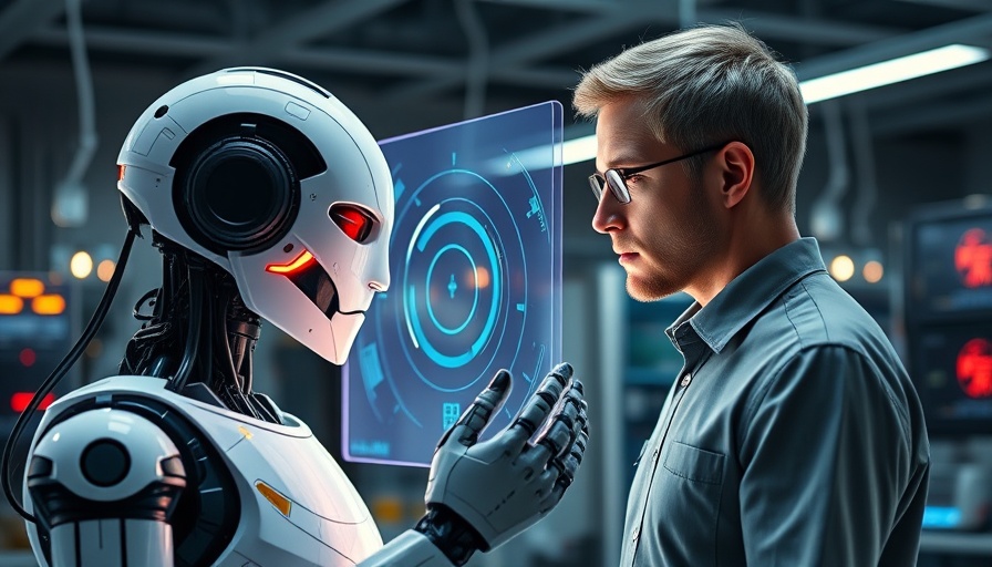 AI robot and human collaborating on a holographic display in a tech lab.