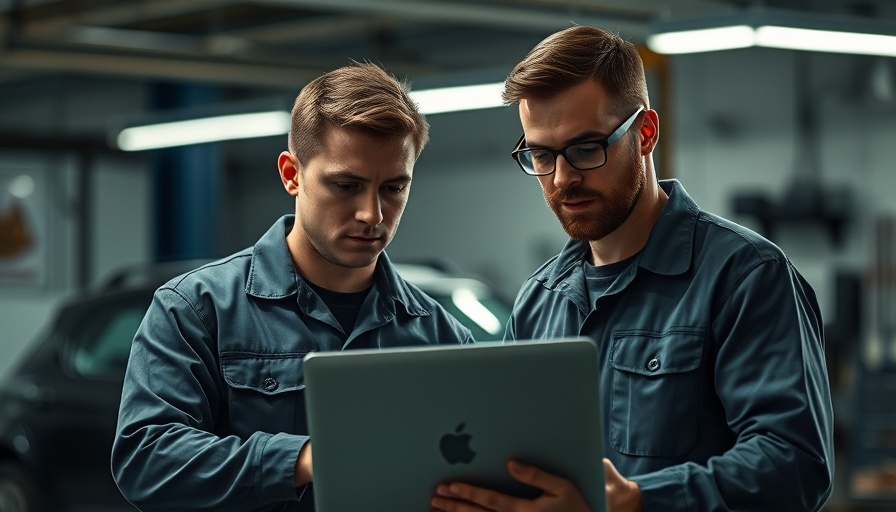 Mechanics using laptop in repair shop, teamwork focus.
