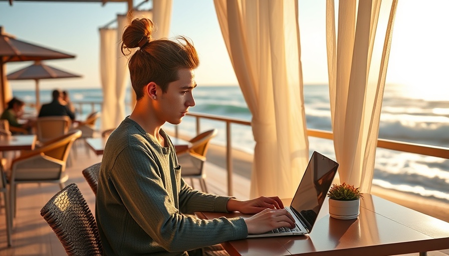 Expat working on laptop at beachside building global personal brand.