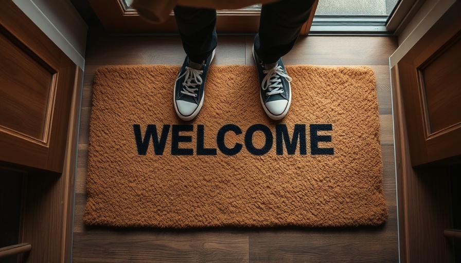Overhead view of a welcome mat and sneakers, highlighting entry experience.