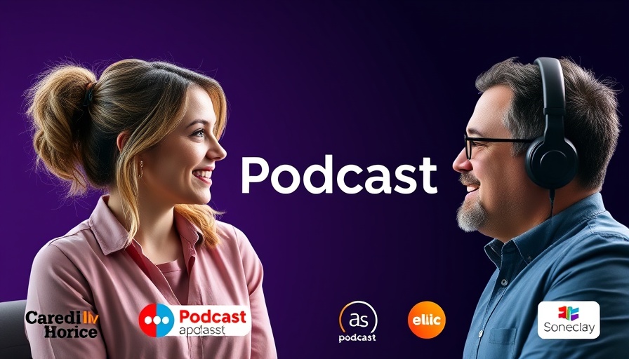 Full-funnel advertising strategy podcast banner with hosts.