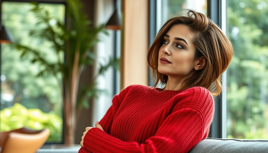Stylish woman in red sweater, thoughtful pose, photorealistic indoor setting.