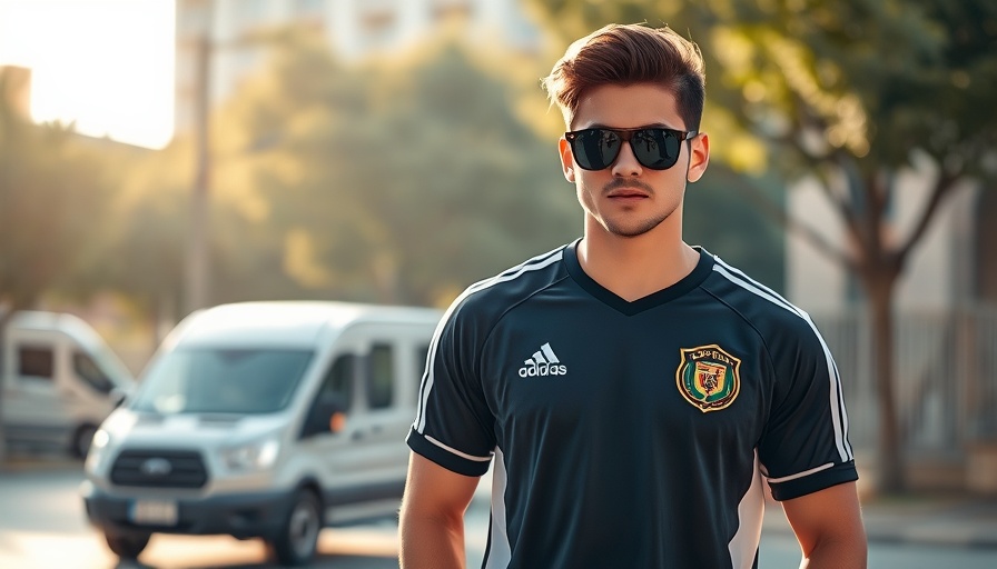 Stylish young man on social media in urban setting.