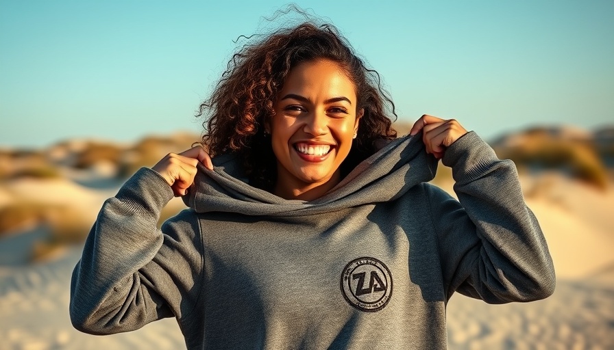 Smiling woman holding branded sweatshirt, highlighting social media brand collaboration.