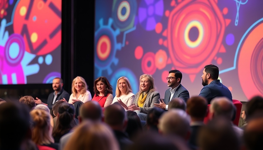 Panel discussion at tech event with vibrant backdrop.