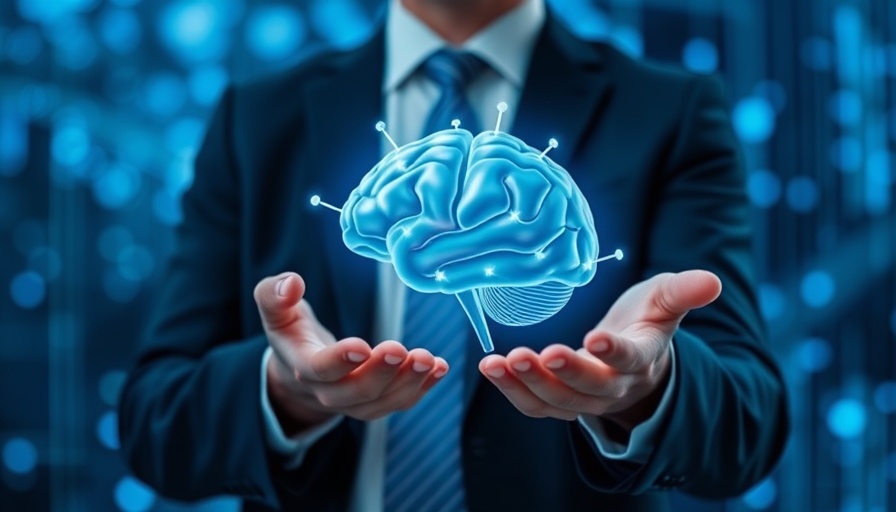 AI in DevOps: Professional with AI-brain hologram in hands, digital network.