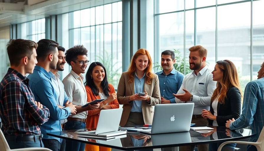 Diverse team discussing in modern office for stakeholder communication.