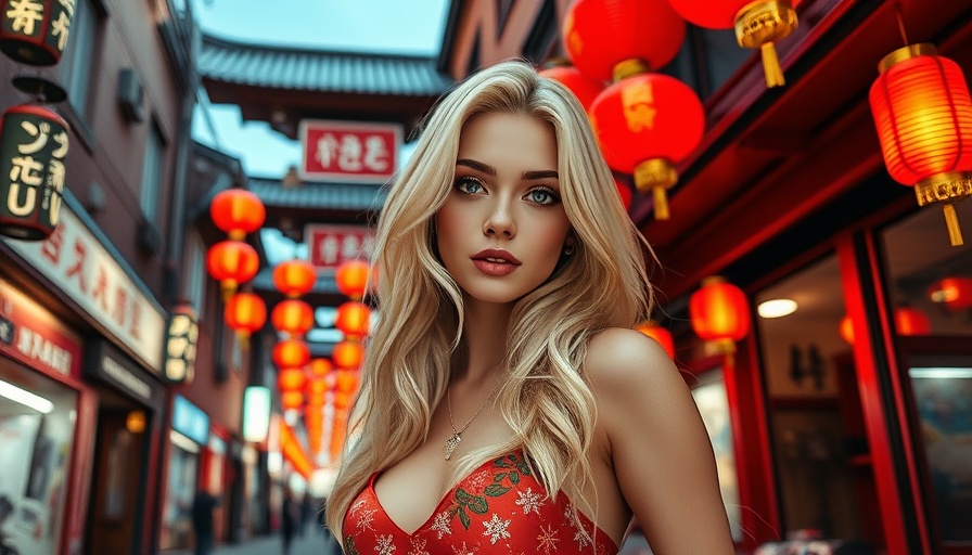 Stylized Skechers AI ad in vibrant urban setting with red lanterns.