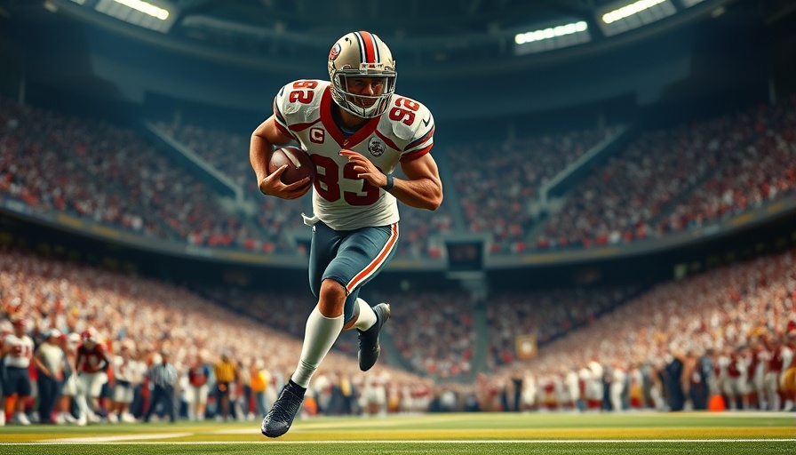 Football player dashing in dynamic play, bright stadium scene.