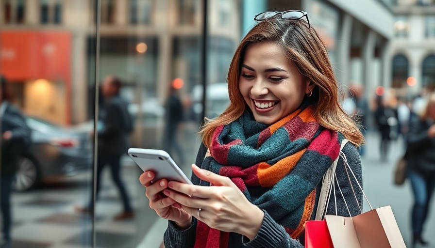 Smiling woman checking phone while shopping, social media videos that convert shoppers.