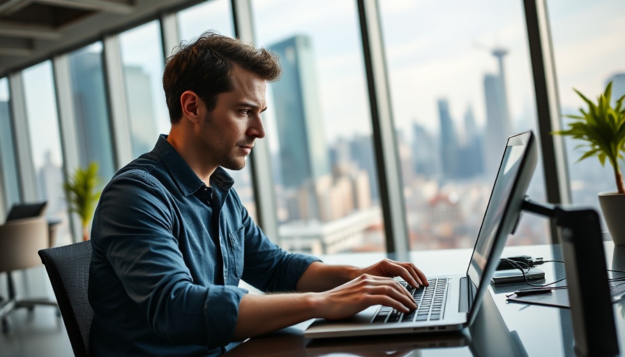 Man in office typing on laptop, modern setup for startup ideas.