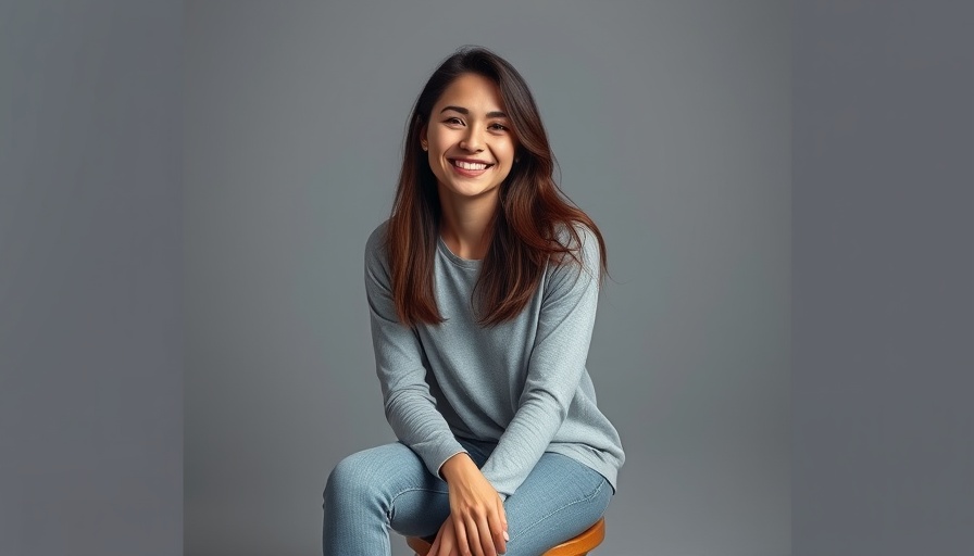 Smiling young woman on stool in gray-toned photo, funnel automation.