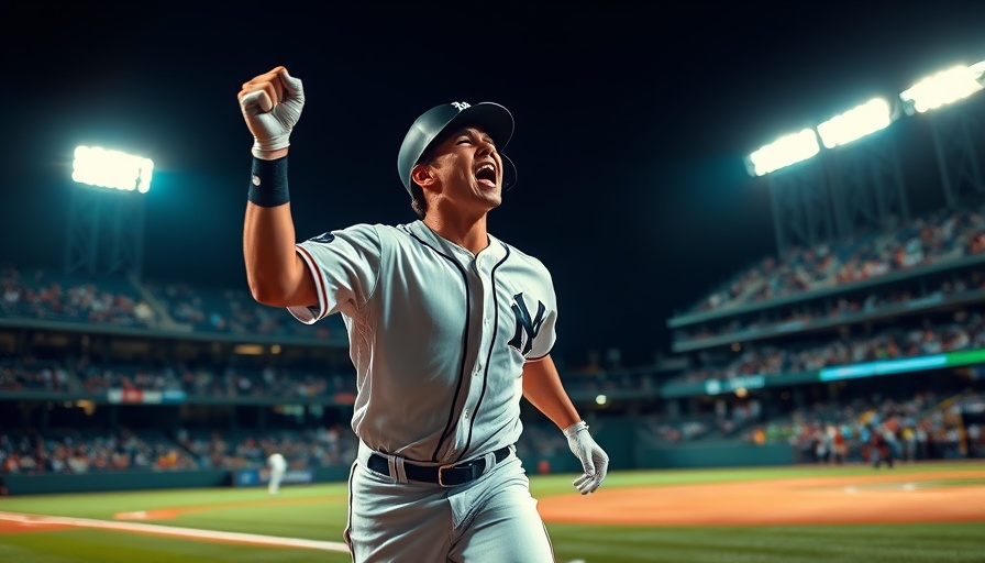 Dynamic baseball player celebrates energetically during night game.