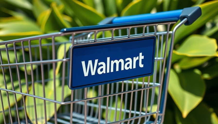 Walmart shopping cart close-up outdoors near greenery.