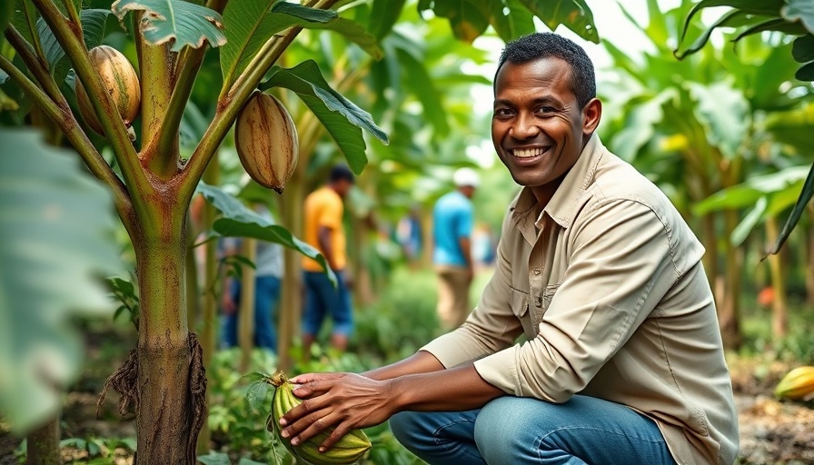 Farmer examining cocoa tree in a lush farm, showcasing crisis communication in cocoa farming.