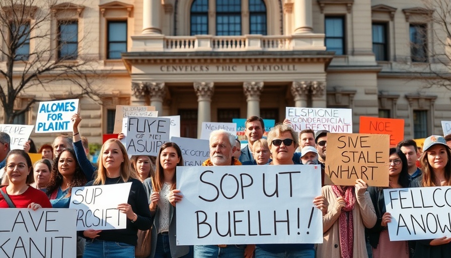Protesters rallying with signs for healthcare reform in front of a government building.