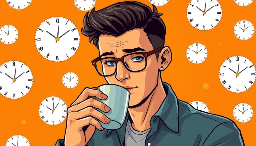 Young man in glasses with tea, clock background, productivity theme.