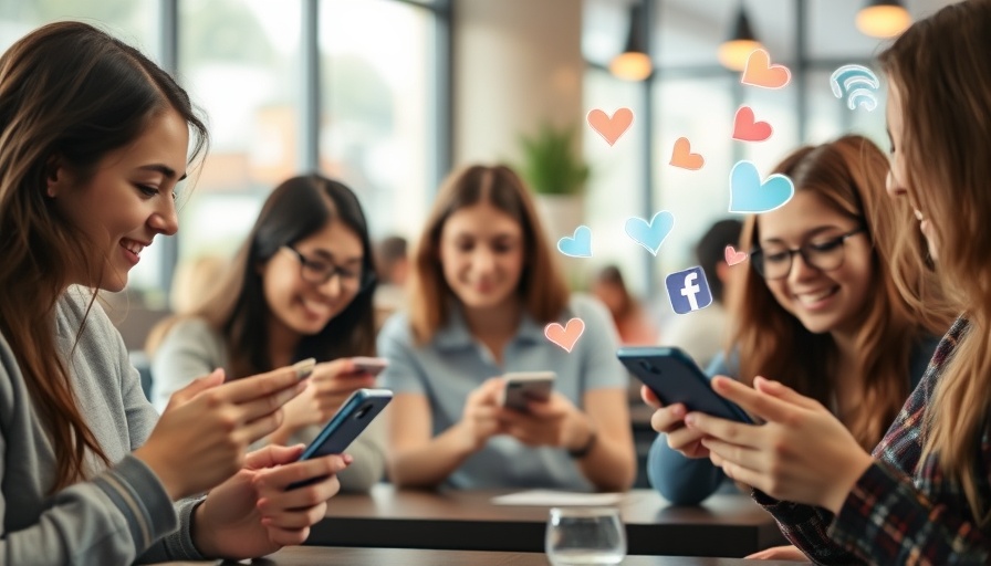 People using smartphones with social media icons, illustrating social media scams.
