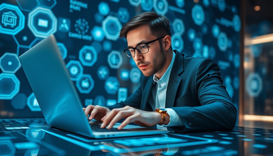 Business professional using tech interface symbolizing quantum shift in software development.
