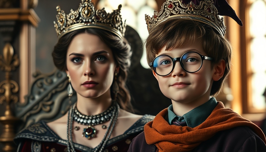 Regal woman and young wizard child in fictional settings, Social Media.