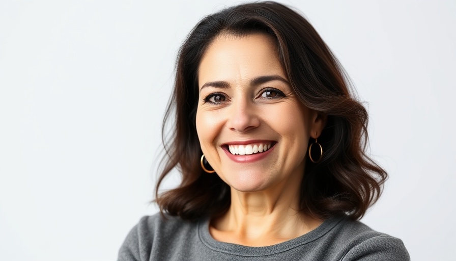Confident middle-aged woman smiling warmly in professional portrait, Agile Leadership spotlight.