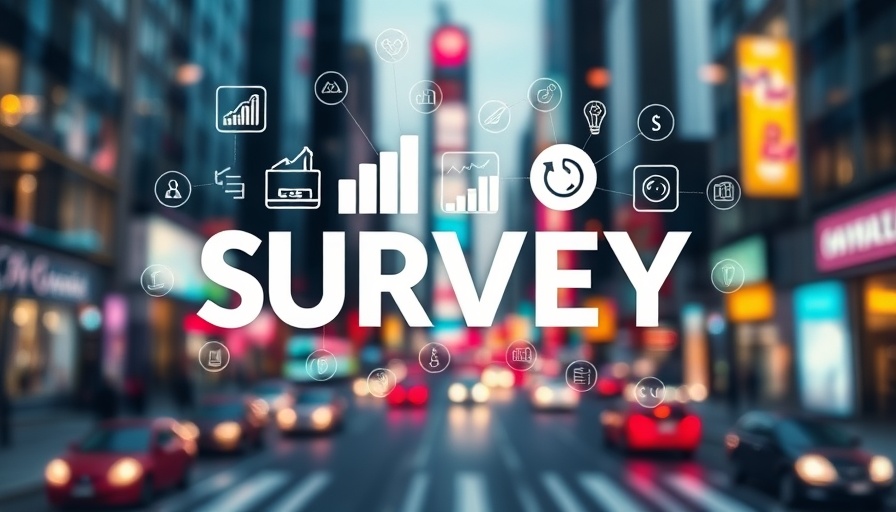 Dynamic survey graphic with charts over a defocused cityscape background.