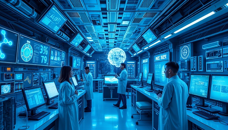 AI-driven drug discovery with advanced technology in a futuristic lab.